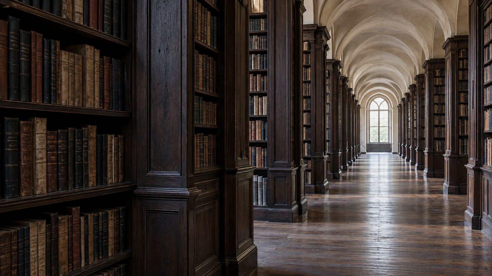 KI-generiertes Atmosphärenmotiv einer menschenleeren Bibliothekspassage mit dunklen Holzregalen und einer ruhigen Gewölbefolge.