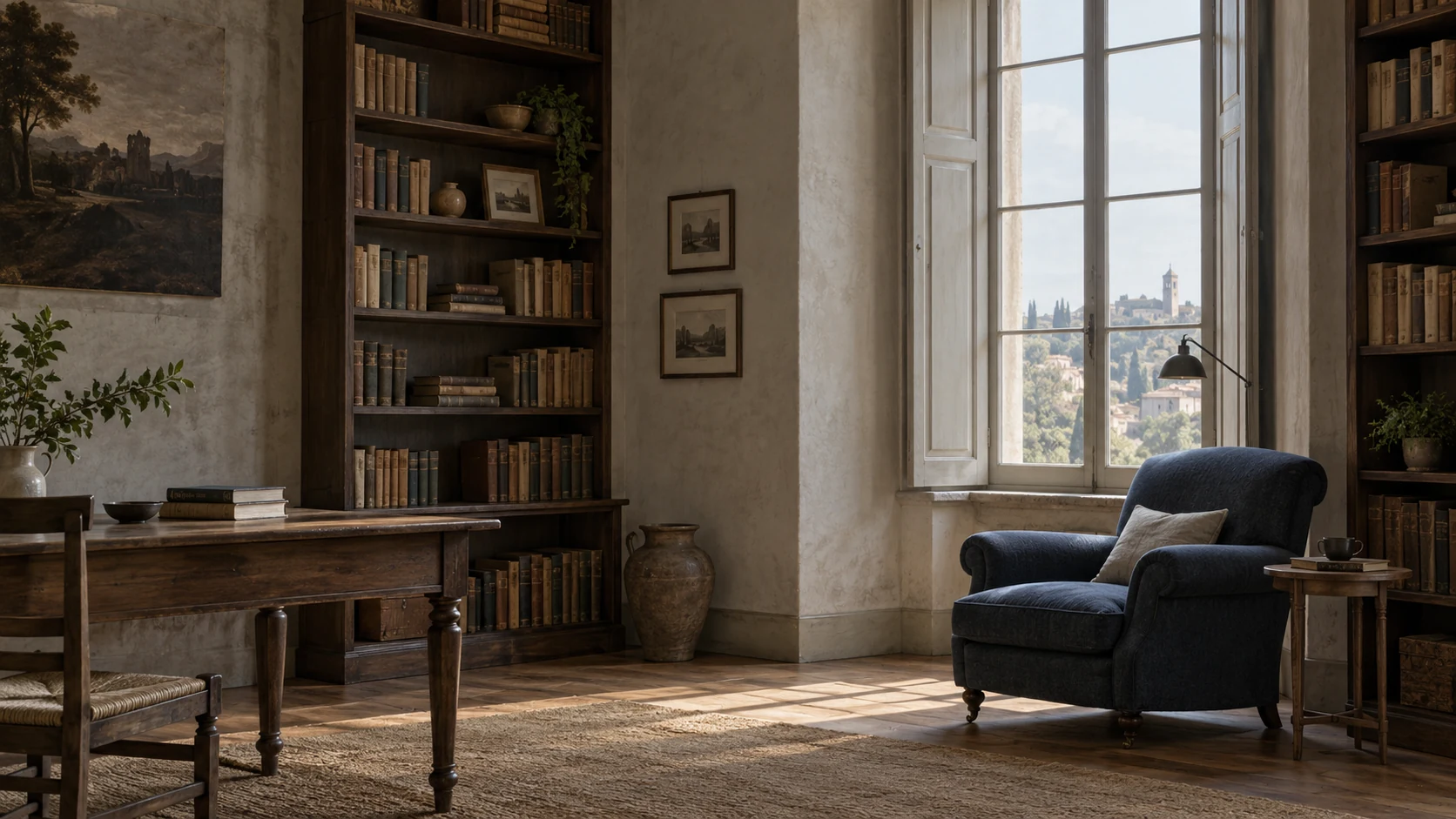 Leerer Leseraum mit hohem Fenster, Bücherregalen und blauem Sessel, KI-generiertes Atmosphärenmotiv.
