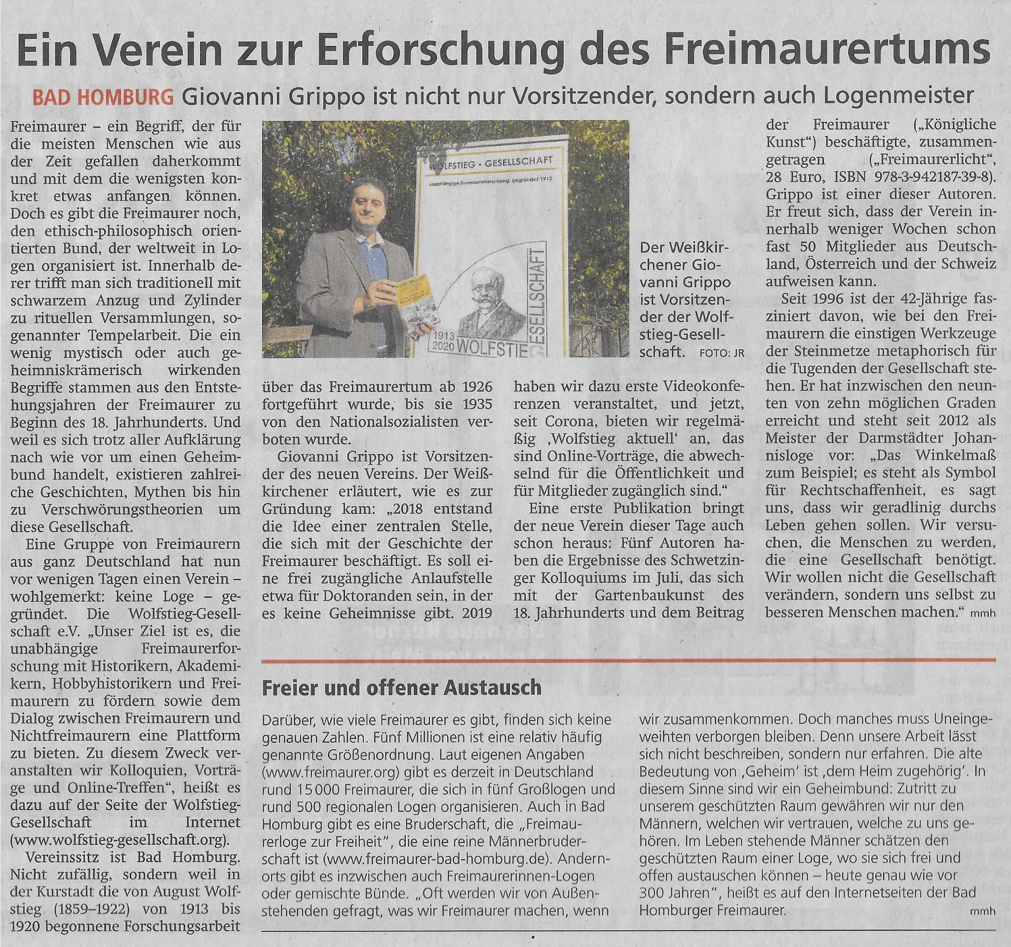 Zeitungsartikel Ein Verein zur Erforschung des Freimaurertums, Taunus-Zeitung, 18. September 2020.