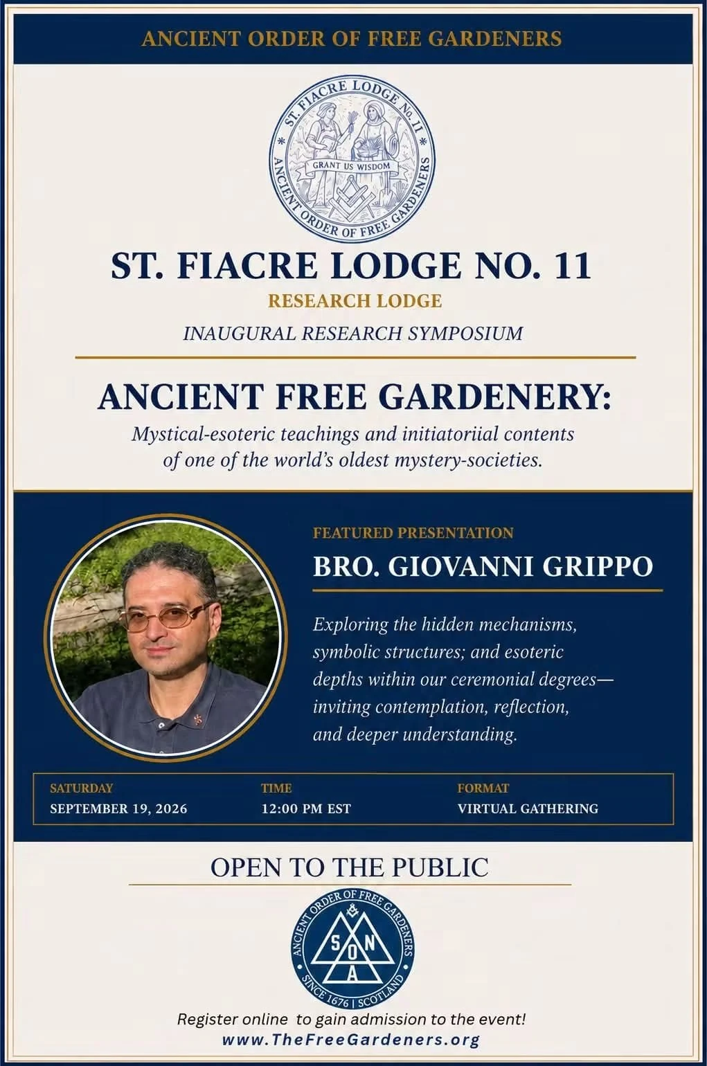 Programmannkündigung des Inaugural Research Symposium der St. Fiacre Lodge No. 11/AOFG am 19. September 2026.