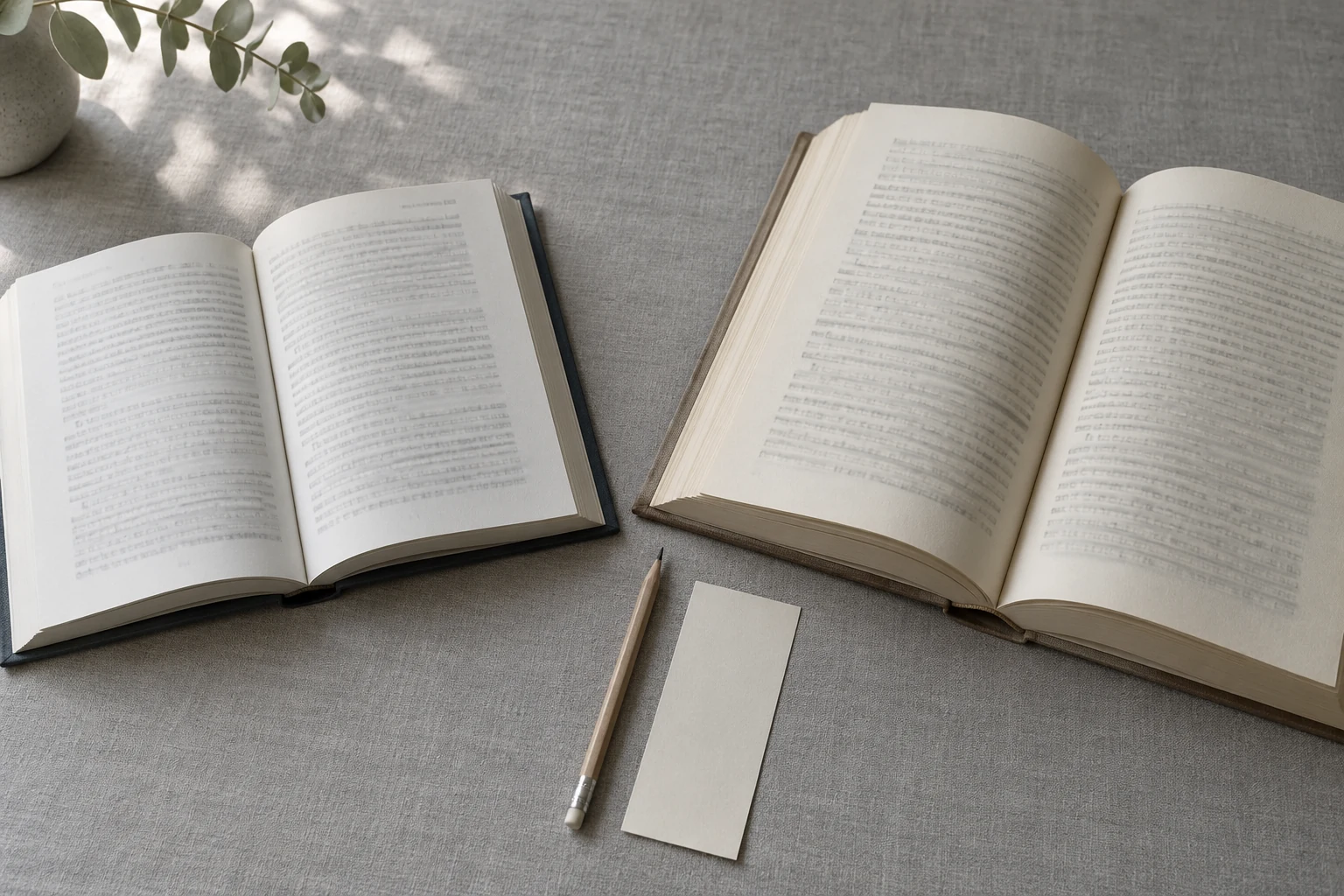 Two open books and a pencil on a quiet desk; AI-generated atmosphere image.