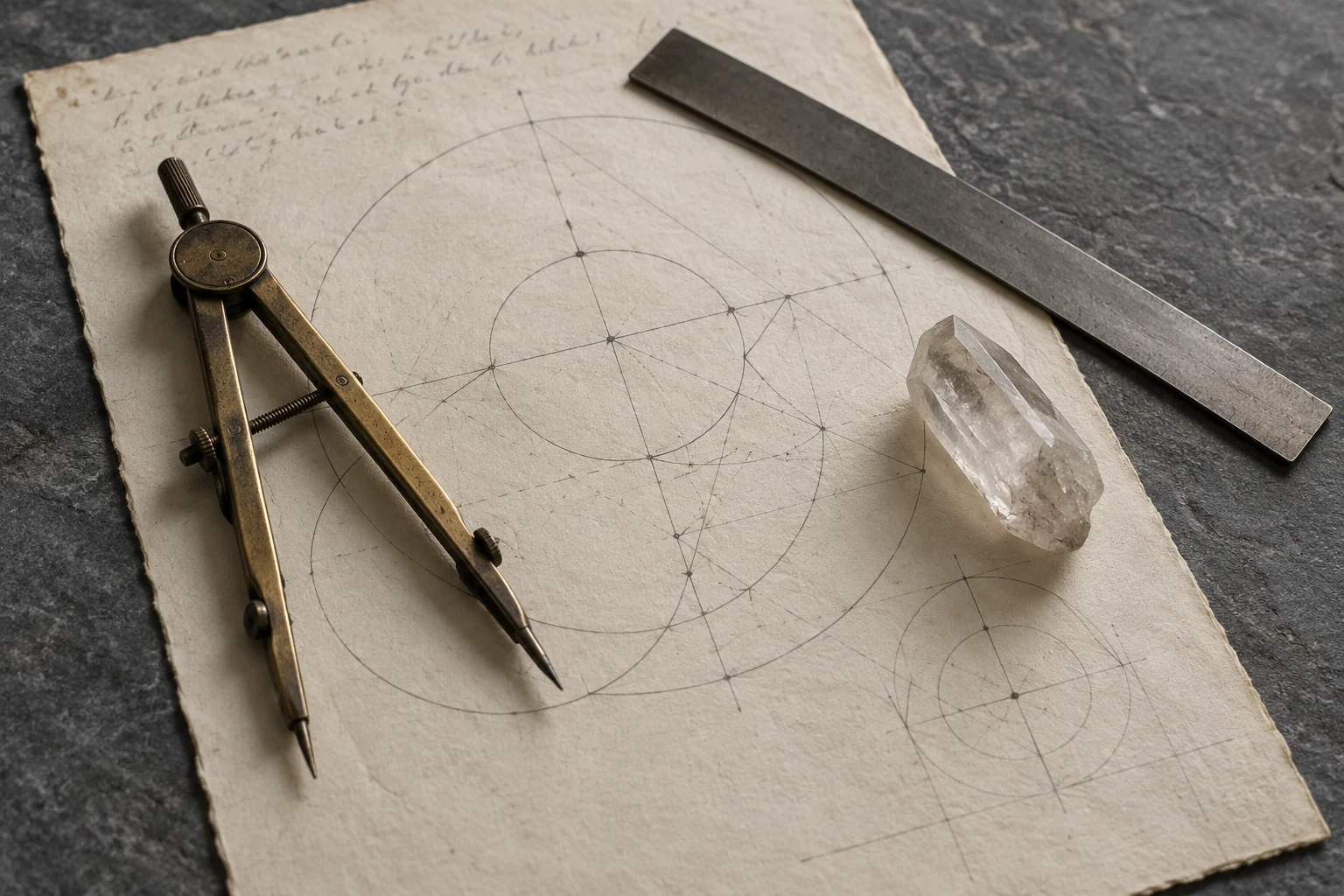 Zirkel, Lineal und Bergkristall auf einem Blatt mit abstrakten geometrischen Linien, KI-generiertes Atmosphärenmotiv.