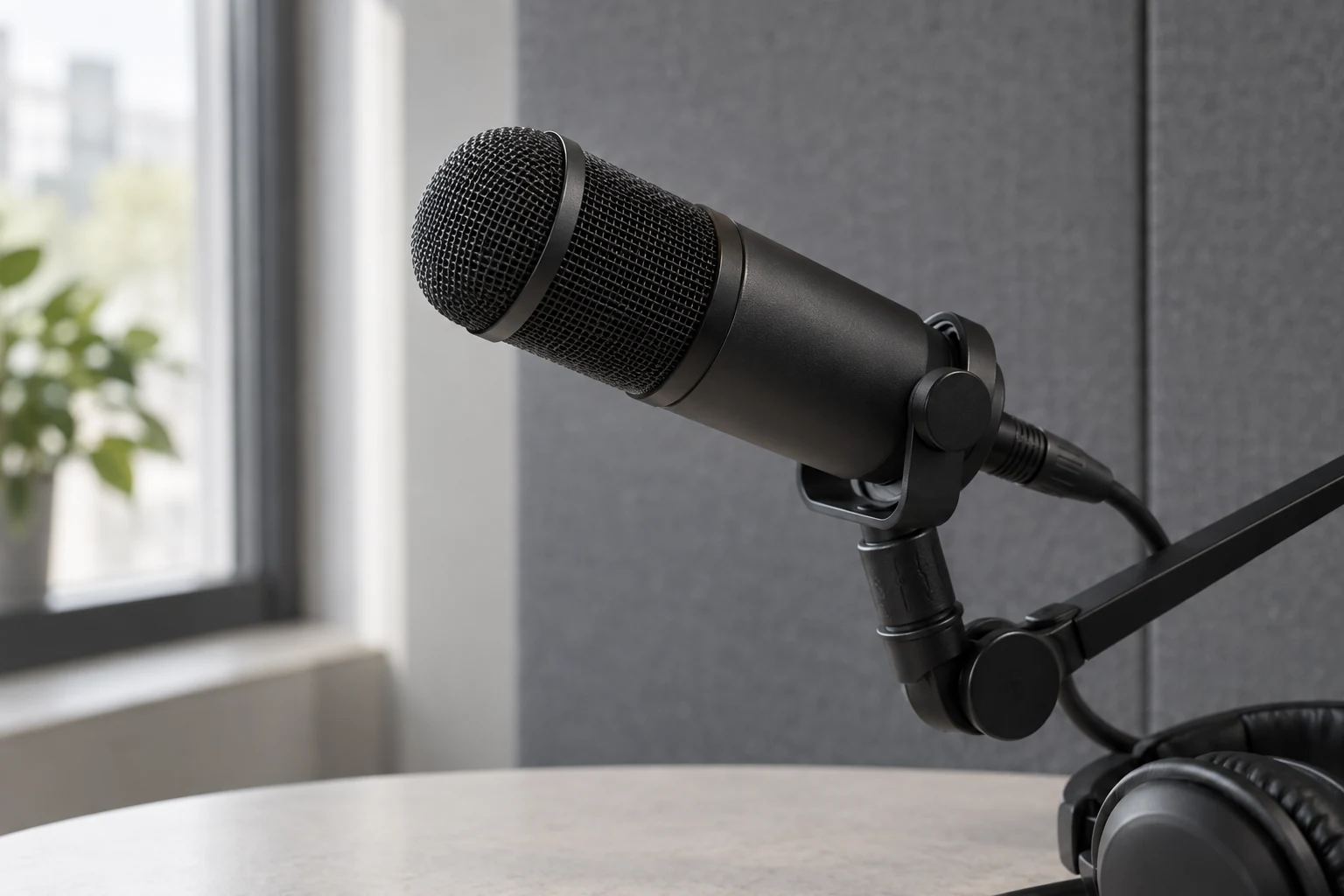 Zeitgenössisches schwarzes Studiomikrofon im seitlichen Fensterlicht einer ruhigen Interviewecke, KI-generiertes Atmosphärenmotiv.