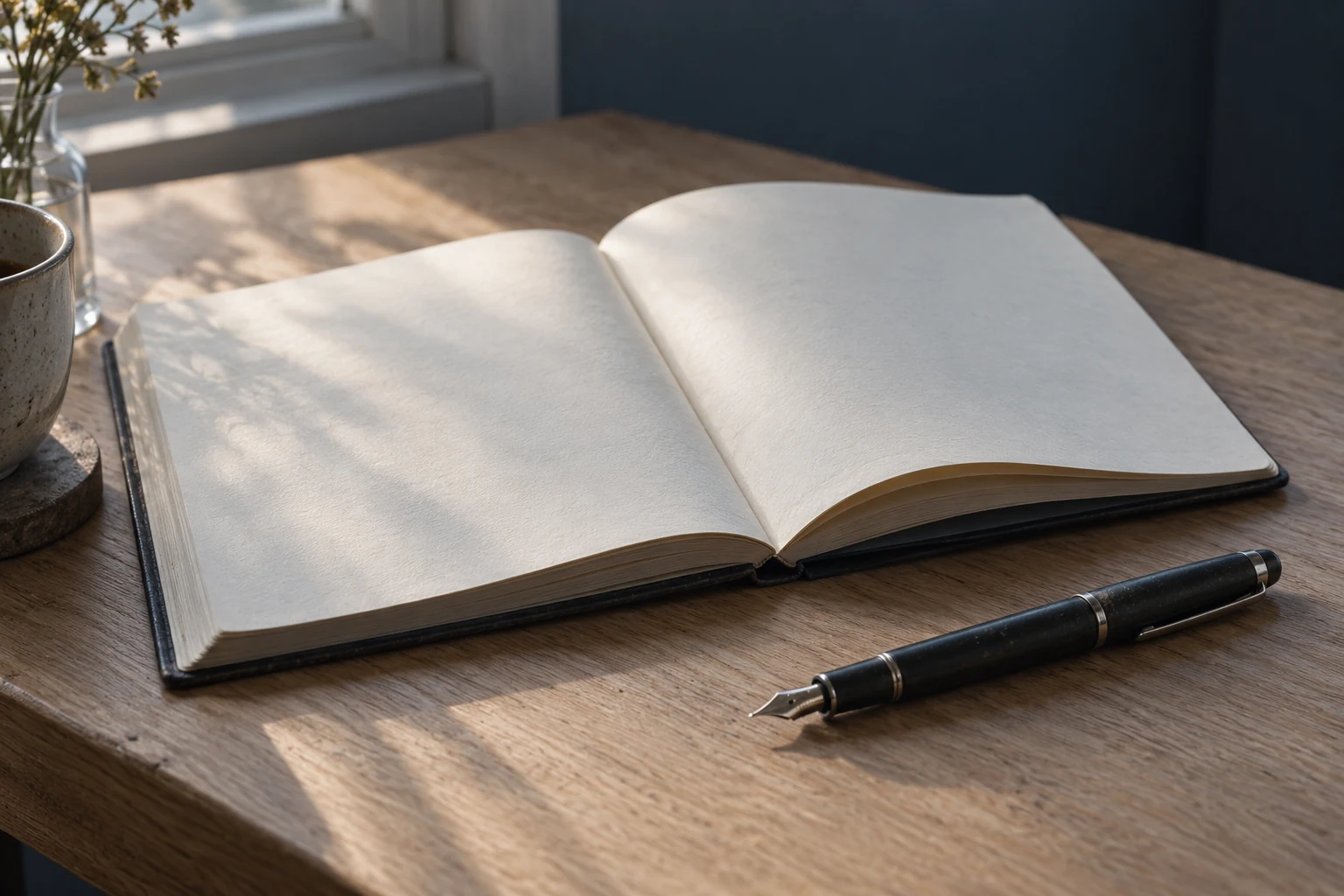 Füllfederhalter und leeres Notizbuch im seitlichen Fensterlicht auf einem Schreibtisch, KI-generiertes Atmosphärenmotiv.