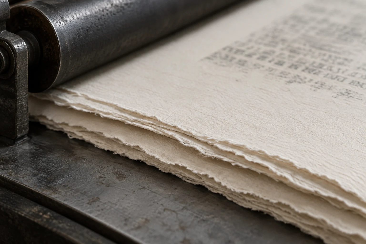 Elfenbeinfarbene Druckbogen mit rauen Papierkanten neben der Walze einer Druckpresse, KI-generiertes Atmosphärenmotiv.